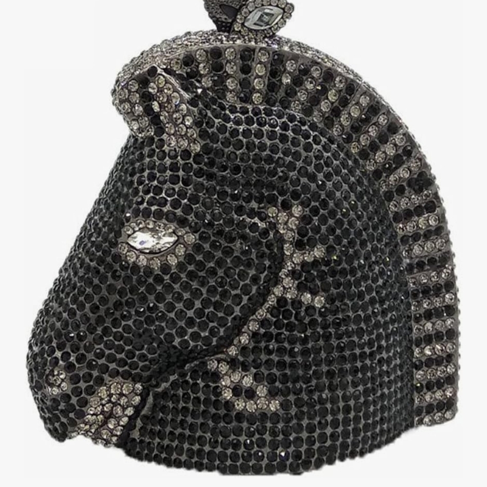 Elegant Black and Silver Rhinestone Crystal Horse Head Mini Bag